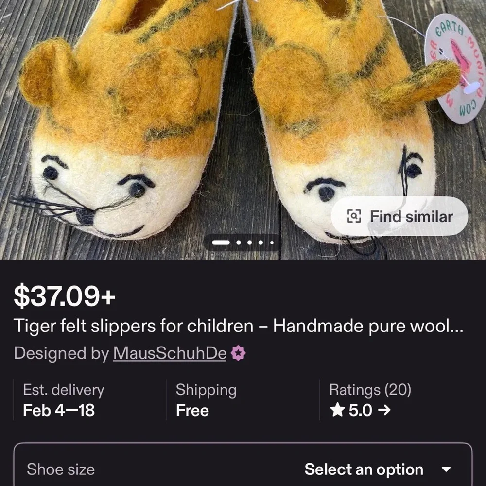 Artisan hand made hand felted pure wool Tiger Slippers for Kids
